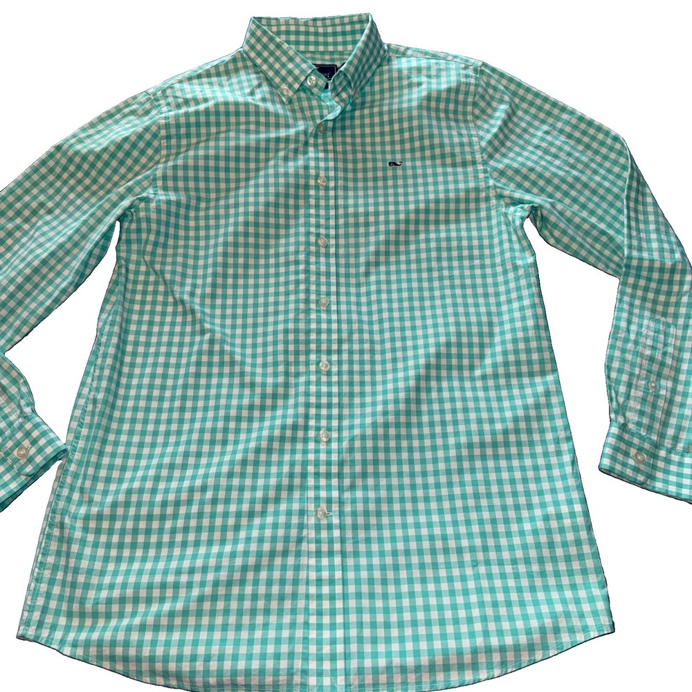 Vineyard Vines Shirt Boys Long Sleeve Gingham Whale Green & White Sz 18 XL